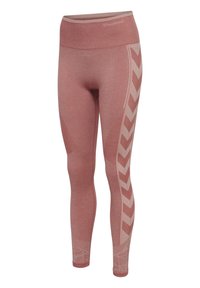 Roze leggings met een hoge tailleband, voorzien van een chevronpatroon aan de zijkant en gestructureerde accenten bij de enkel. Gemaakt van rekbare stof.
