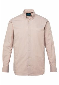 Gestreepte button-up shirt in lichtroze en wit. Heeft een klassieke kraag, lange mouwen en een rechte snit met een zachte textuur.
