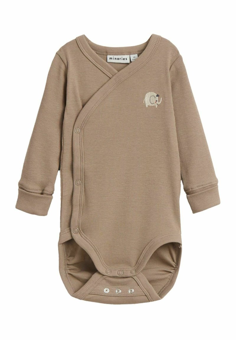 Beige langærmet heldragt med ribbet tekstur, indpakningsdesign, trykknaplukninger og et broderet elefantmotiv på brystet.