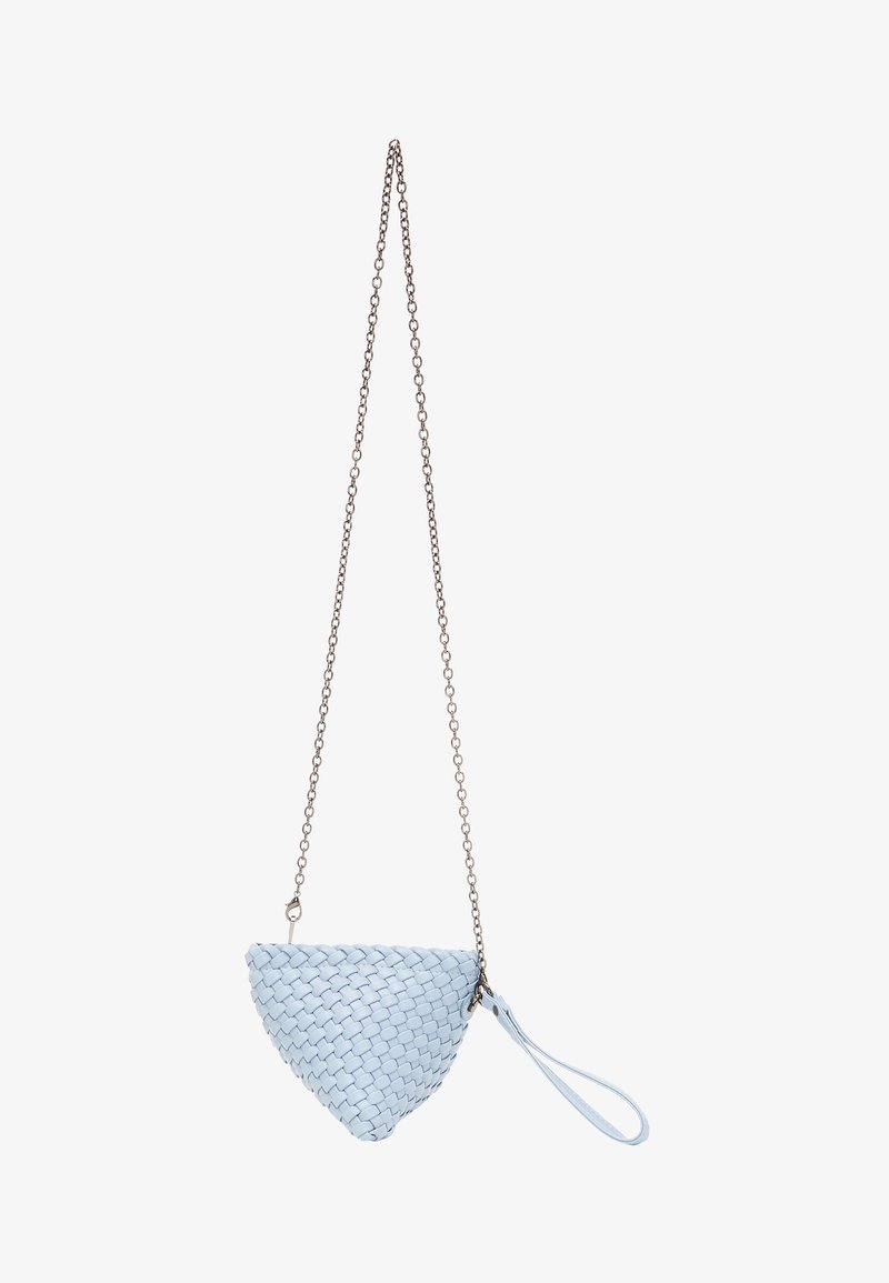 Bolso de mano tejido de color azul claro con forma triangular, correa de cadena y muñequera. Presenta una textura suave y un intrincado patrón de tejido.