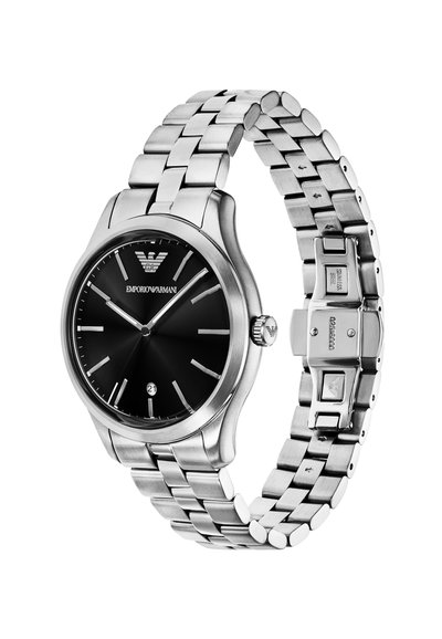 Emporio Armani Armbanduhr aus Edelstahl mit schwarzem Zifferblatt, silbernen Stundenmarkierungen, Datumsanzeige und Metallgliedarmband mit Verschluss.
