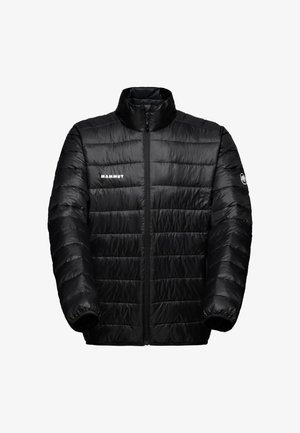 Giacca a vento nera imbottita con colletto alto, motivo trapuntato e zip frontale. Presenta il logo "Mammut" sul lato sinistro del petto e un logo rotondo sulla manica.