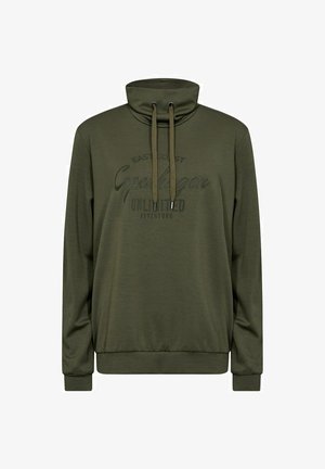 Pullover verde oliva con colletto alto, dettagli con coulisse e testo stampato in nero. Materiale morbido con maniche lunghe e polsini a costina.