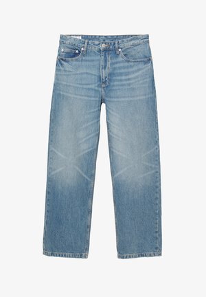 Lichtblauwe denim jeans met een rechte pijp, vijf zakken en een knoopsluiting. De stof heeft subtiele vervagingen en wassingstrepen.