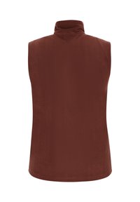 Brauner Fleece-Weste mit hohem Kragen, ärmellosem Design und glatter Textur. Der Rücken ist schlicht ohne dekorative Elemente.