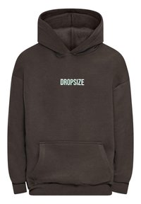 Brun hættebluse lavet af blødt stof, med en kængurulomme og et mintgrønt "DROPSIZE" logo på brystet. Justerbar snøre i hætten.