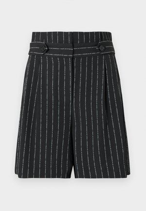 Black shorts with vertical white stripes, pleated design, wide waistband, and button closure. Made from lightweight fabric.