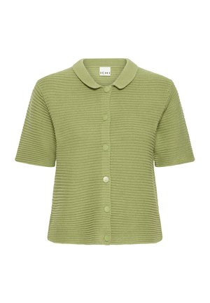 Trumpomis rankovėmis žalias kardiganas iš tekstūruoto mezgimo audinio, turintis apykaklę ir sagų užsegimą priekyje.