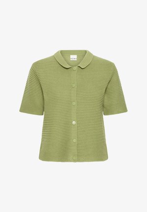 Rövid ujjú zöld kardigán texturált kötött anyagból, galléros nyakkal és gombos elülső záródással.