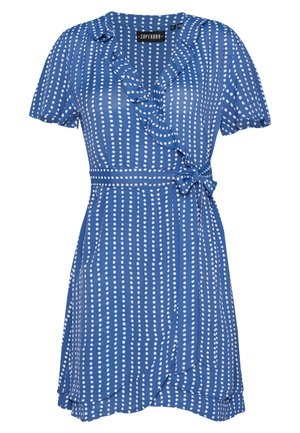 Blue wrap dress with white vertical dotted lines, short sleeves, ruffled neckline, and side tie at waist.
