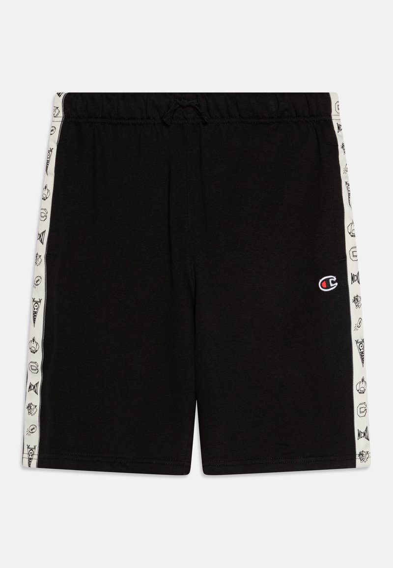 Melni sporta šorti ar elastīgu jostu, ar baltām sānu svītrām, kas rotātas ar dažādiem maziem grafiskajiem dizainiem.