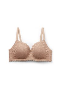 Kanten beha in zacht beige met voorgevormde cups, golvende randen en verstelbare dunne bandjes. Heeft een bloemenkantpatroon en een gladde textuur.