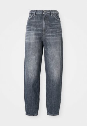 Jeans blu scuro in denim, con vestibilità ampia, design a gamba dritta e una leggera scoloritura. Stile classico a cinque tasche con chiusura a bottone.