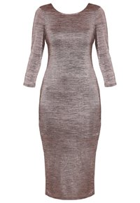 Robe ajustée longueur genou avec manches trois-quarts en tissu taupe scintillant et col rond.