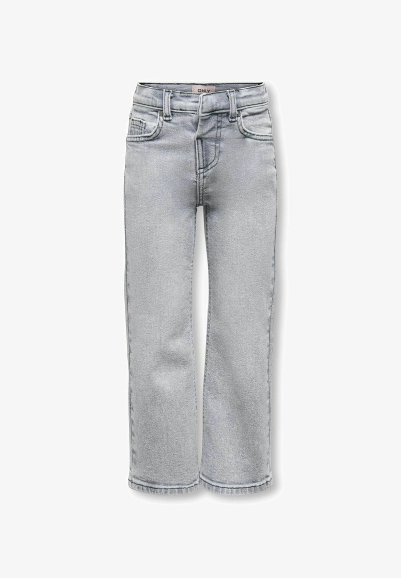 Jeans droit gris clair en denim, avec taille haute, cinq poches et détails de couture discrets.