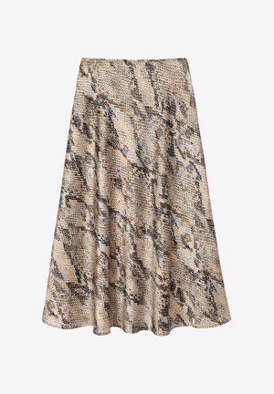 Beige und grauer Schlangenprint A-Linien Midi-Rock mit subtilen Falten und einem taillierten Bund.