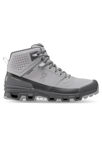 Mid-cut hiking shoe in light gray and dark gray. Features textured synthetic upper, reinforced toe cap, and rubber sole with multi-directional lugs.
