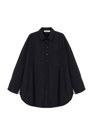Black button-up shirt made of a textured fabric. Features a pointed collar, long sleeves, a chest pocket, and a curved hem.
