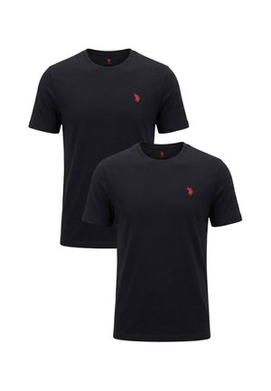 Two plain black short-sleeve crew neck t-shirts with small red embroidered horse logo on the left chest, displayed on white background.