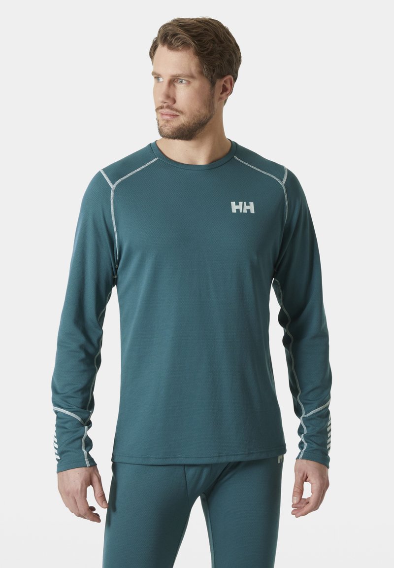 Langarm teal thermoshirt in een textuurstof met grijze accenten en logo op de borst, met een strakke pasvorm en een ronde hals.
