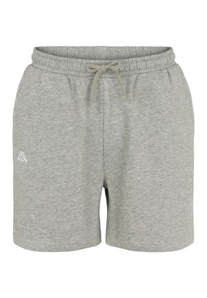 Svetlo sive športne kratke hlače z elastičnim pasom in vrvico, s majhnim belim logotipom na levi stegni.