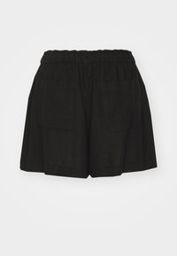 Shorts neri in lino con vita elastica, dotati di due tasche posteriori e una vestibilità ampia, che offrono un design comodo e informale.