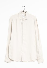 Lichtbeige lange mouwen shirt gemaakt van gladde stof. Heeft een puntige kraag, volledige knoopsluiting en afgeronde zoom.