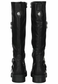 Botas de cuero negro hasta la rodilla con un acabado suave, cierres con cremallera y acentos texturizados en el tobillo. Tacón reforzado con una suela resistente.