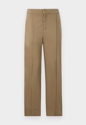 Khaki trousers made of smooth fabric, featuring a mid-rise waist, straight leg design, and two vertical seams for added detail.