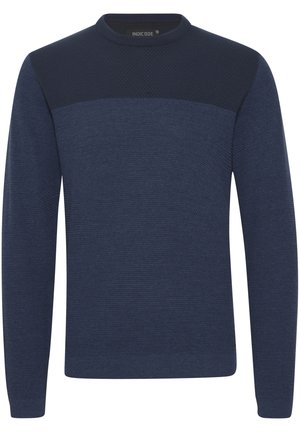 Dunkelblauer Pullover mit strukturiertem Design, der ein glattes Oberteil und gerippte Bündchen aufweist. Rundhalsausschnitt und normale Passform. Hergestellt aus gestricktem Stoff.