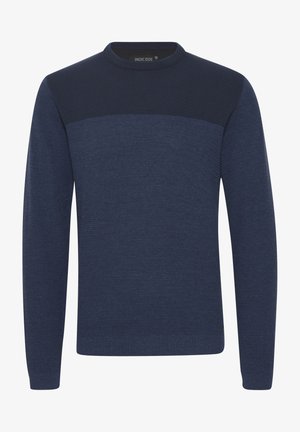 Navy blue sweater with a textured design, featuring a smooth upper panel and ribbed cuffs. Round neck and standard fit. Made from knitted fabric.