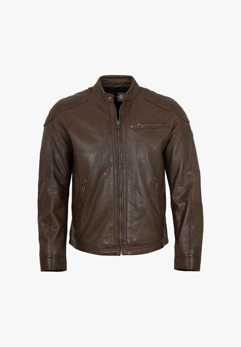 Brown leather jacket with a stand collar, zip closure, zippered chest pocket, and quilted shoulder accents. Smooth texture, fitted design.