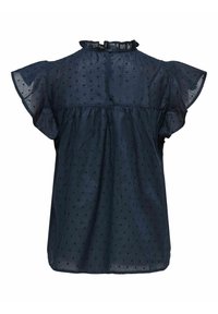 Blouse bleu marine transparente avec manches courtes évasées, col à volants, texture à pois et fermeture par bouton au niveau de l'encolure dos.