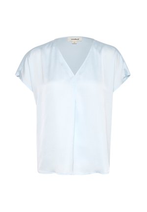 Helles blaues Kurzarmoberteil mit V-Ausschnitt, aus einem glatten, leicht strukturierten Stoff gefertigt. Verfügt über eine lockere Passform und einen geraden Saum.