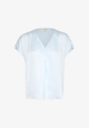 Light blue short-sleeve top with a V-neck, made from a smooth, slightly textured fabric. Features a loose fit and a straight hem.