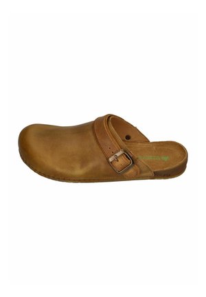 Brown leather slip-on clog with adjustable buckle strap and rounded toe, shown from the side on a white background.