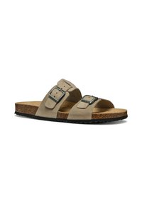 Sandali scivolati in suede color tan con due cinturini regolabili caratterizzati da fibbie in argento, un intersuola in sughero e una suola esterna in gomma nera strutturata.