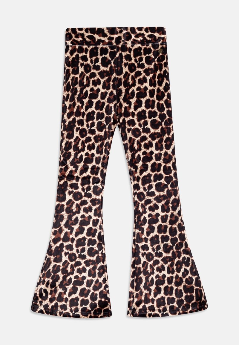 Kalhoty s leopardím vzorem ve flare střihu vyrobené z elastického materiálu, s béžovým základem a tmavě hnědými skvrnami. Design do zvonu zvýrazňuje siluetu.