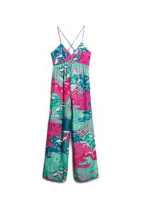 Un monosuit colorido con una mezcla de patrones en rosa, teal y verde, con tirantes finos, cintura ceñida, piernas anchas y acentos florales.