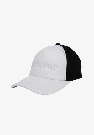 Zwart-witte pet met een gebogen rand, voorzien van een geborduurd logo "GORILLA WEAR" in het wit op het voorpaneel. Geweven stof.