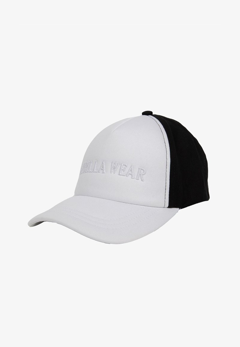 Zwart-witte pet met een gebogen rand, voorzien van een geborduurd logo "GORILLA WEAR" in het wit op het voorpaneel. Geweven stof.
