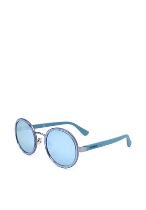 Occhiali da sole rotondi con lenti colorate di blu e montatura e aste blu trasparenti su sfondo bianco.