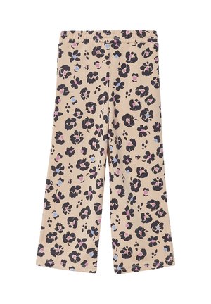 Pantaloni beige a gamba larga con motivo floreale e leopardato in nero, rosa e blu, dotati di una vita elastica.
