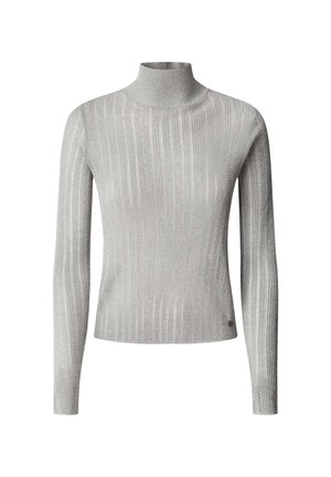 Pull à col roulé côtelé gris clair avec manches longues, design ajusté et léger éclat. Accentué par un petit logo au niveau de l'ourlet.