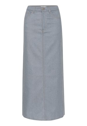 Jupe midi en denim bleu clair avec fermeture devant par boutons et zip, passants de ceinture et poches avant, présentée sur fond blanc.
