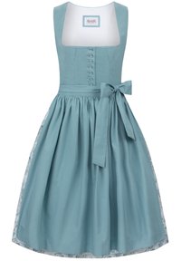 Hellblaues Dirndl mit breiten Trägern, Knopfleiste, tailliertem Oberteil, ausgestelltem Rock mit Punkten und einer gebundenen Schleife in der Taille.