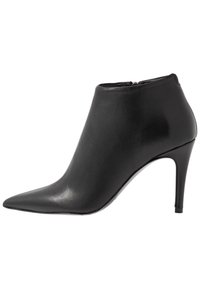 Sorte læder ankelstøvler med spidse tæer, slankt design, høj stilettohæl og lynlås bagpå. Glat tekstur.