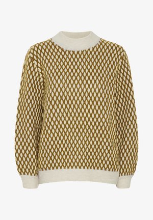 Strickpullover mit einem geometrischen Diamantmuster in Olivgrün und Creme, Rundhalsausschnitt sowie gerippten Bündchen und Saum.