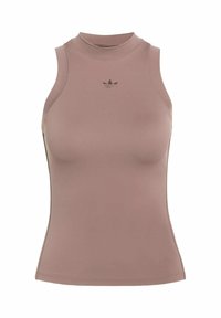 Mauve bezrękawnik sportowy z wysokim kołnierzem, wykonany z gładkiego materiału elastycznego; posiada małe czarne logo na klatce piersiowej.