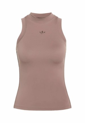 Fialový športový top bez rukávov s vysokým výstrihom, vyrobený z hladkej elastickej tkaniny; má malé čierne logo na hrudi.